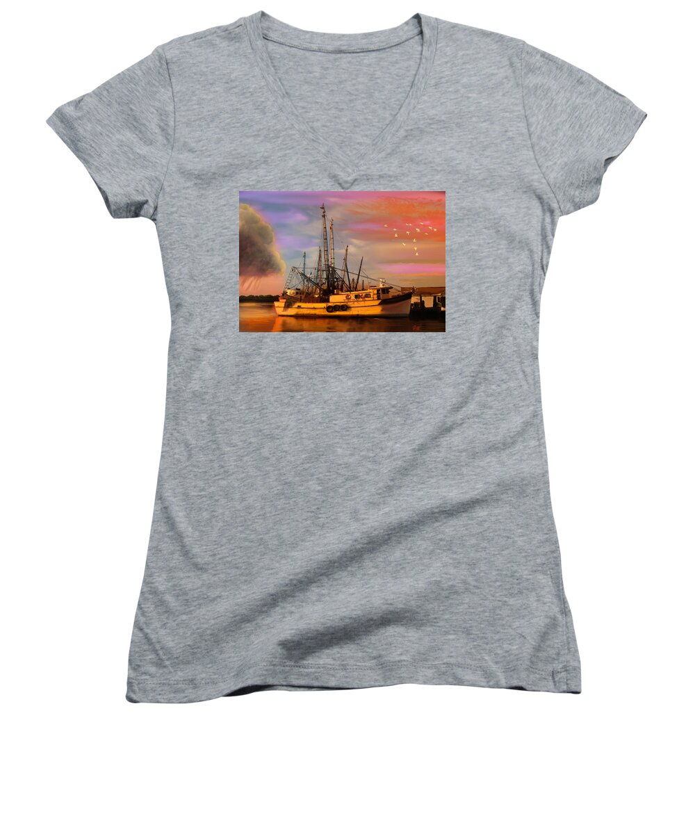 Louisiana Women's V-Neck featuring the digital art Shrimpers at Dock by J Griff Griffin