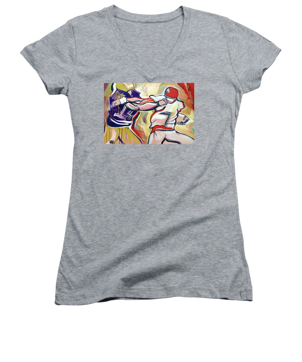  Women's V-Neck featuring the painting Side Arm Uga by John Gholson
