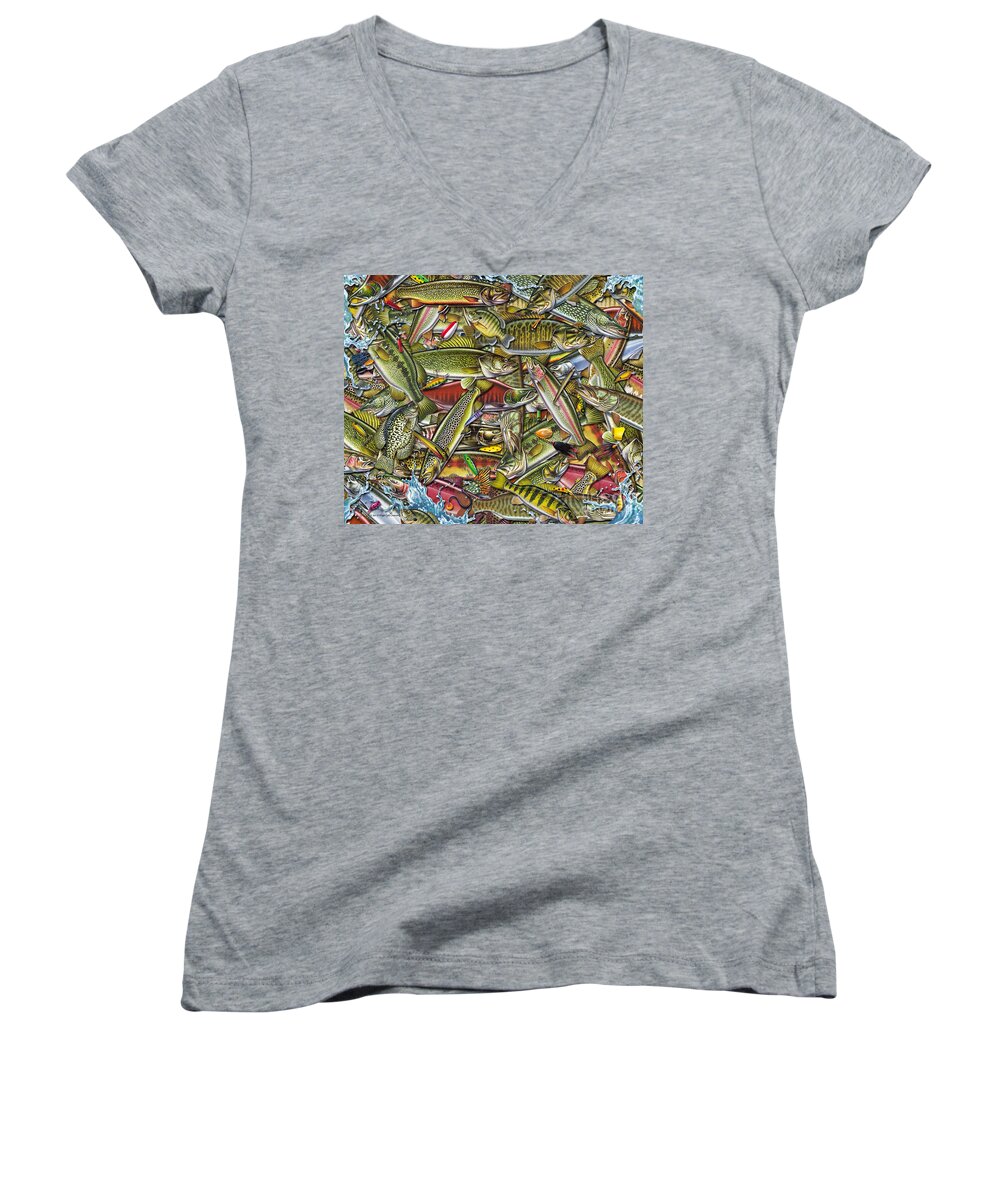 Jon Q Wright Women's V-Neck featuring the painting Side Fish Collage by JQ Licensing