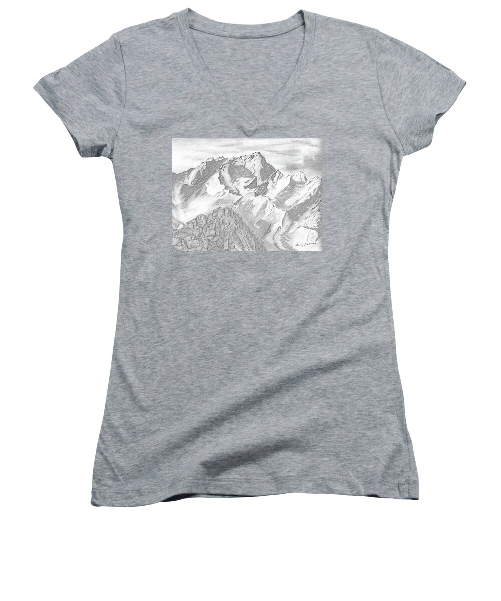 Sierra's Women's V-Neck featuring the drawing Sierra Mt's by Terry Frederick