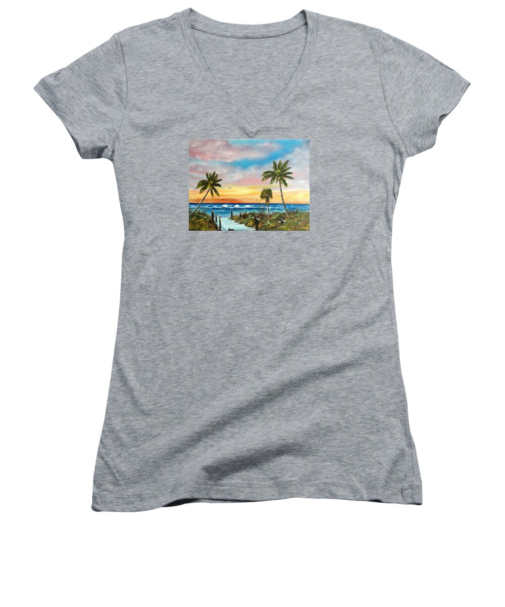 Siesta Key Women's V-Neck featuring the painting Siesta Key At Sunset by Lloyd Dobson