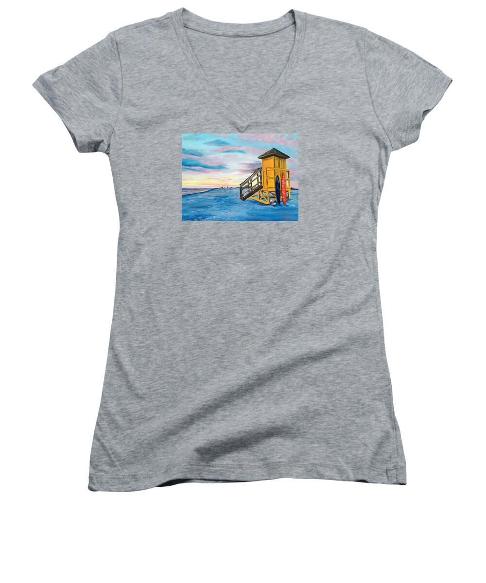Siesta Key Women's V-Neck featuring the painting Siesta Key Life Guard Shack At Sunset by Lloyd Dobson