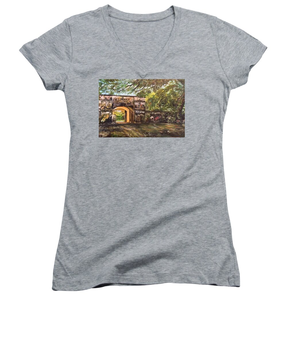 Trees Women's V-Neck featuring the painting Silence is Golden by Belinda Low