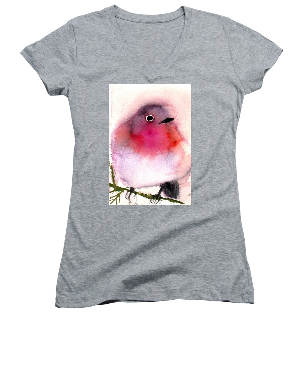 Watercolor Women's V-Neck featuring the painting Silly Bird #6 by Anne Duke