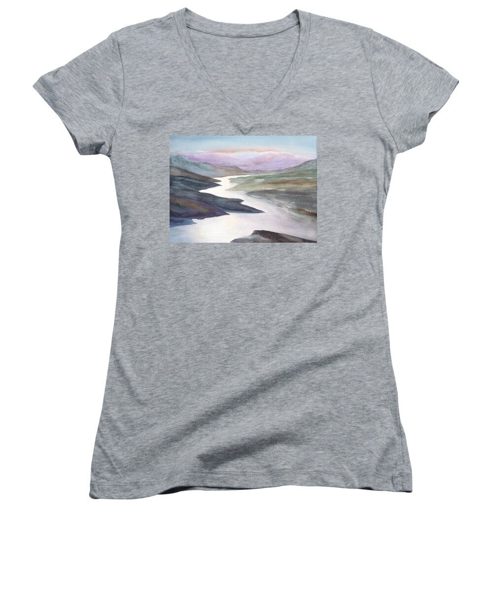 River Women's V-Neck featuring the painting Silver Stream by Ruth Kamenev