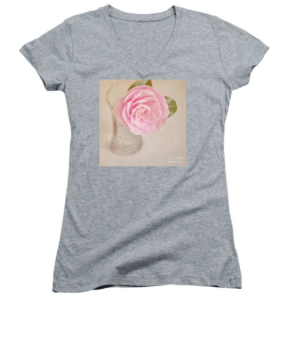 Camelia Women's V-Neck featuring the photograph Single pink Camelia flower in clear vase by Lyn Randle