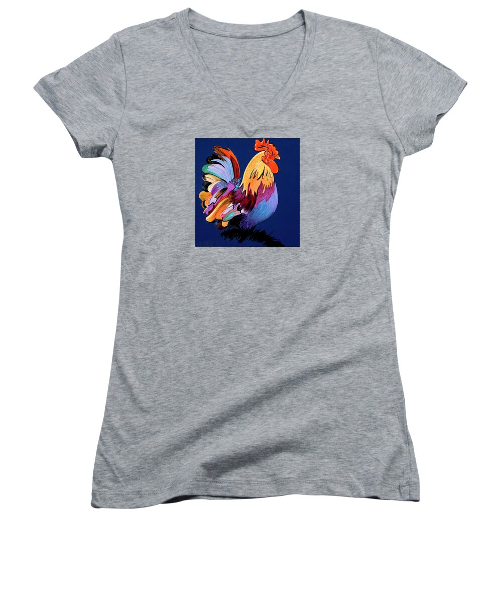 Fauvism Women's V-Neck featuring the painting Sir Chanticleer by Bob Coonts