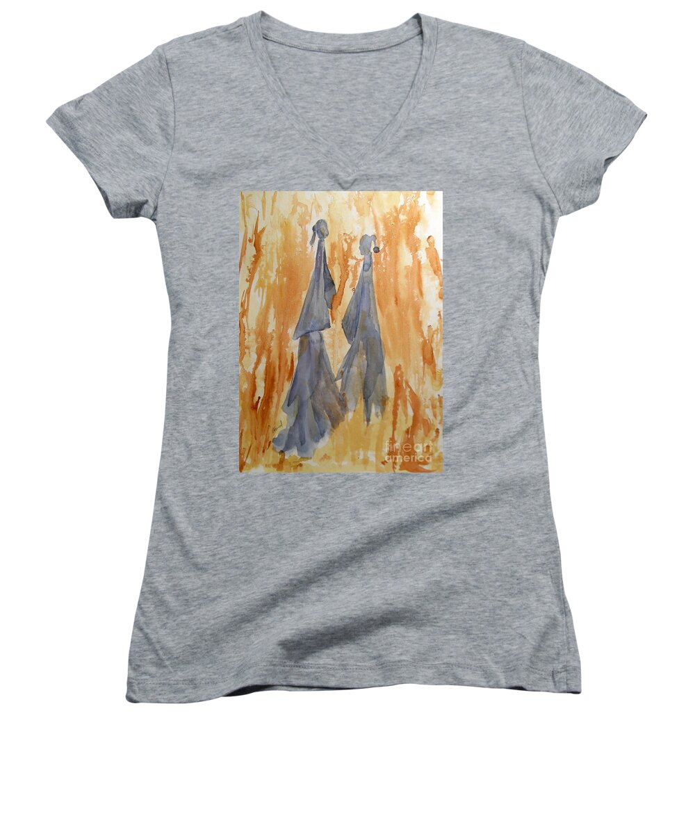 Watercolor Women's V-Neck featuring the painting Sisters by Vicki Housel