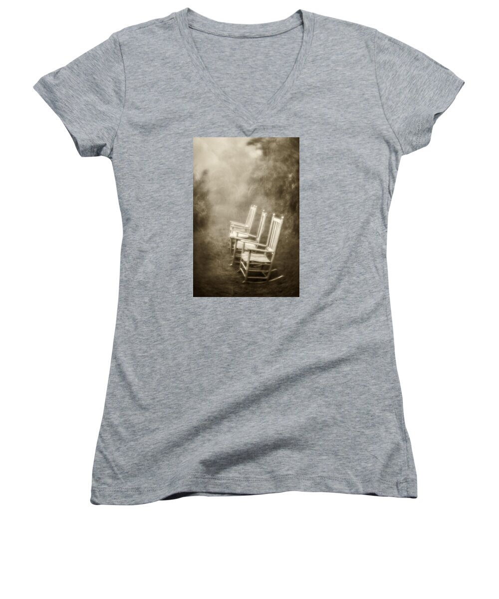Mt. Pisgah Women's V-Neck featuring the photograph Sit A Spell-sepia by Joye Ardyn Durham