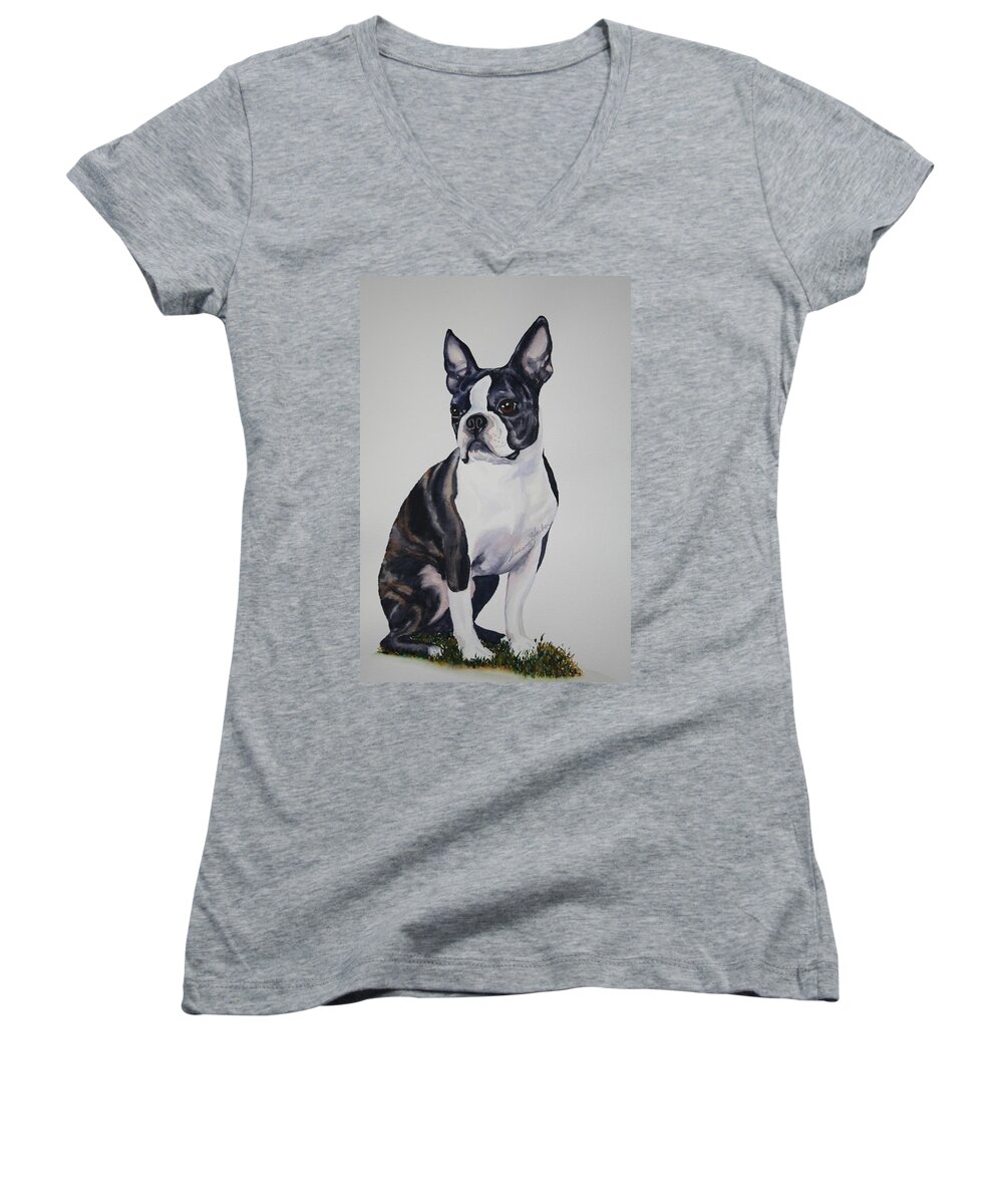 Boston Terrier Women's V-Neck featuring the painting Sit by Susan Herber