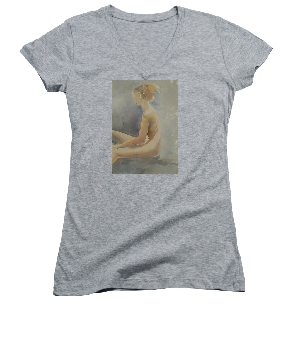 Aquarell Women's V-Neck featuring the painting Sitting in air of sun by Marica Ohlsson