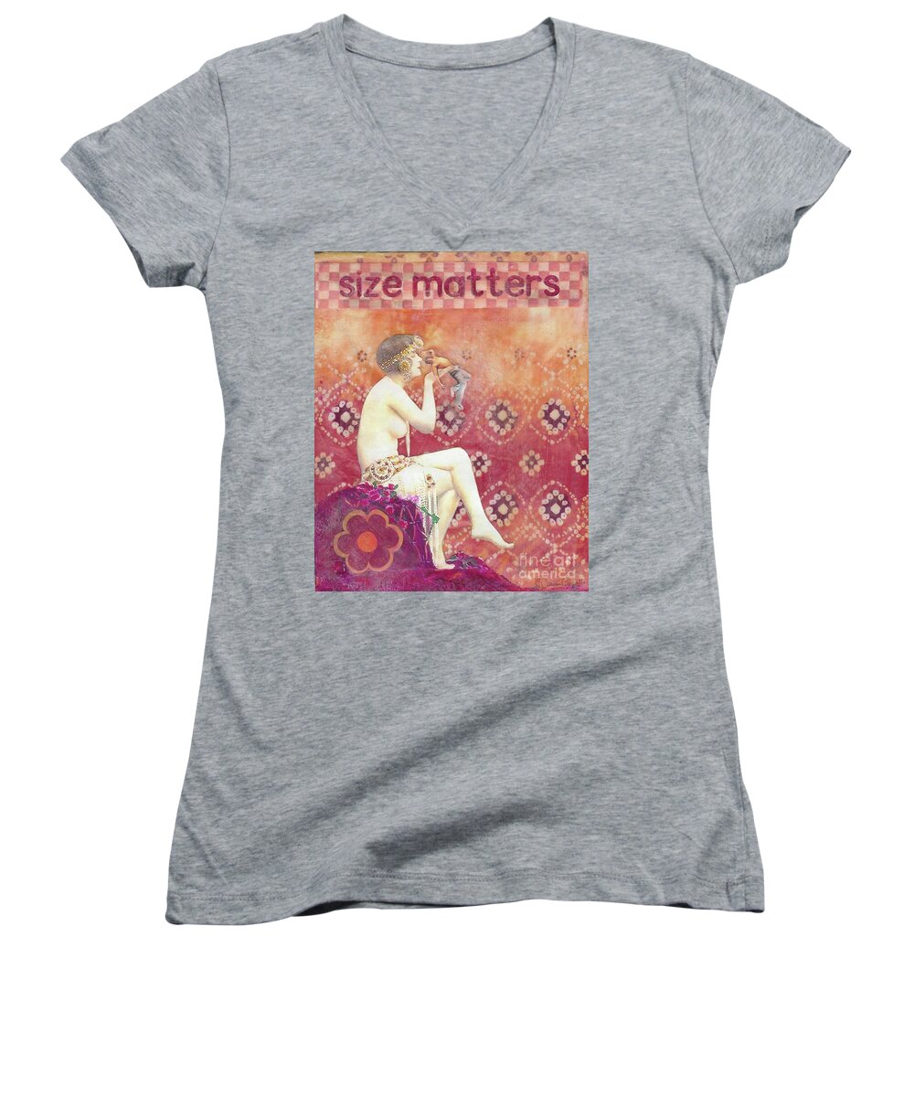 Sensual Women's V-Neck featuring the mixed media Size Matters by Desiree Paquette
