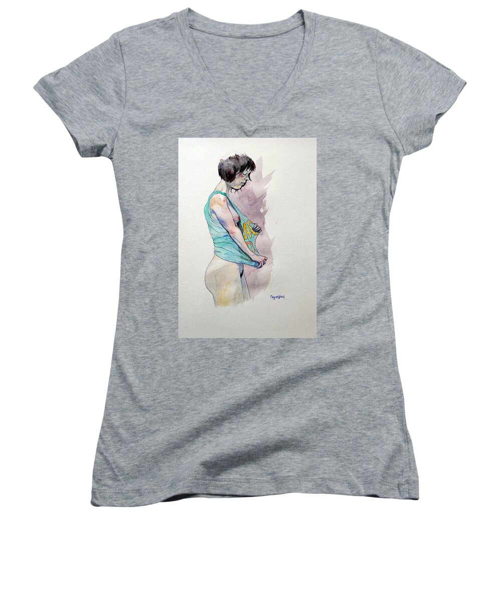 Female Women's V-Neck featuring the painting Sketch for AC-DC by Ray Agius
