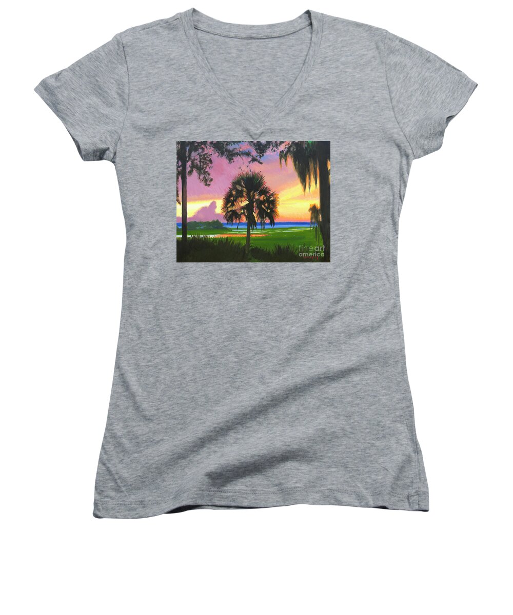 Sunset Women's V-Neck featuring the painting Skull Creek Sunset by Candace Lovely