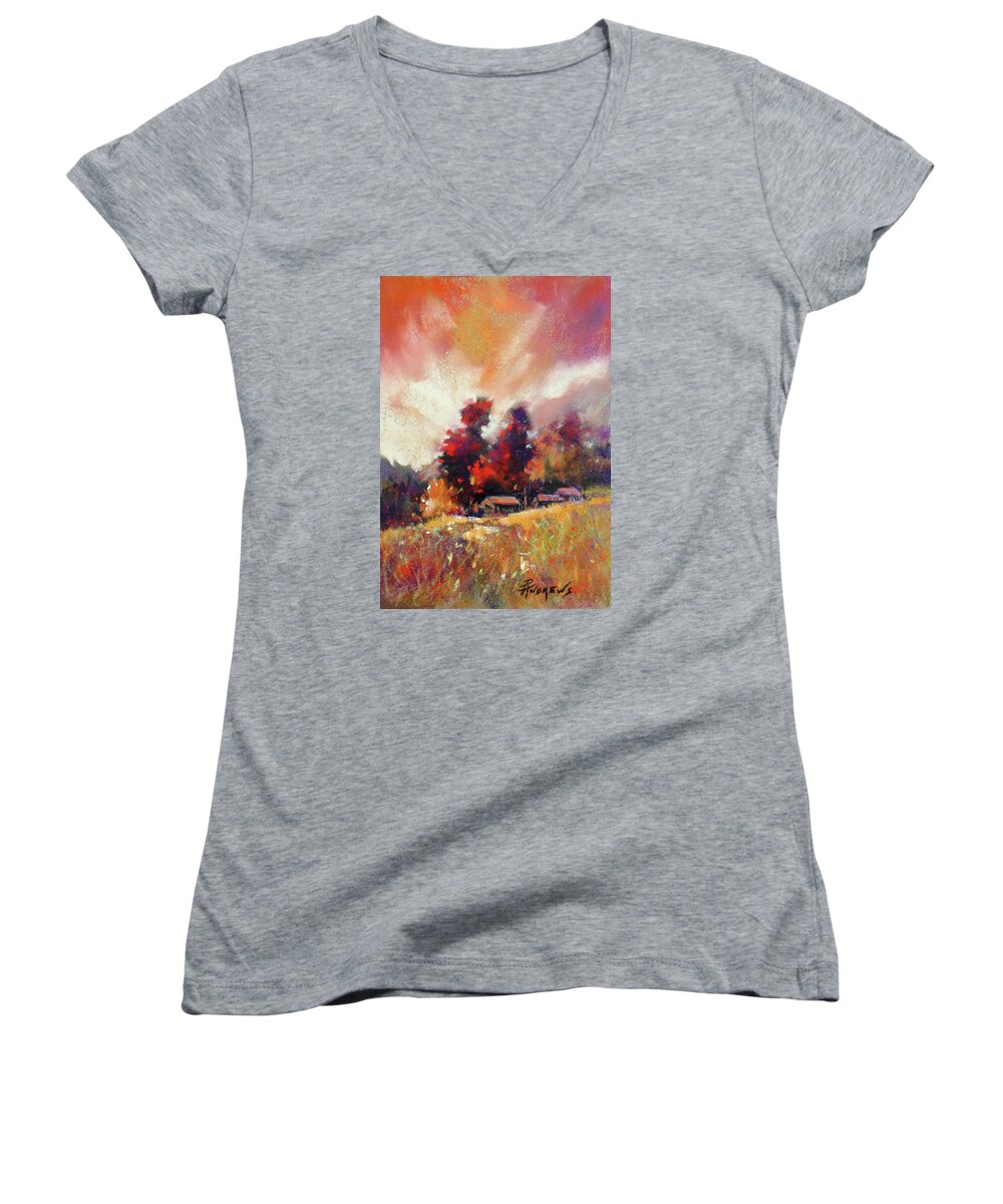 Landscape Women's V-Neck featuring the painting Sky Fall by Rae Andrews