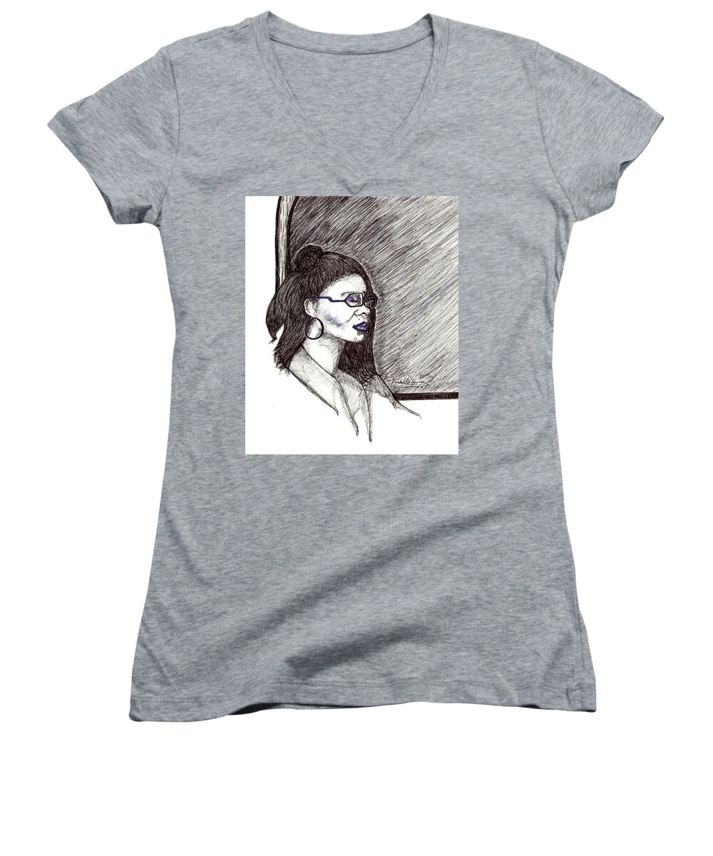 Girl Women's V-Neck featuring the drawing Sleeping Beauty by Michelle Gilmore