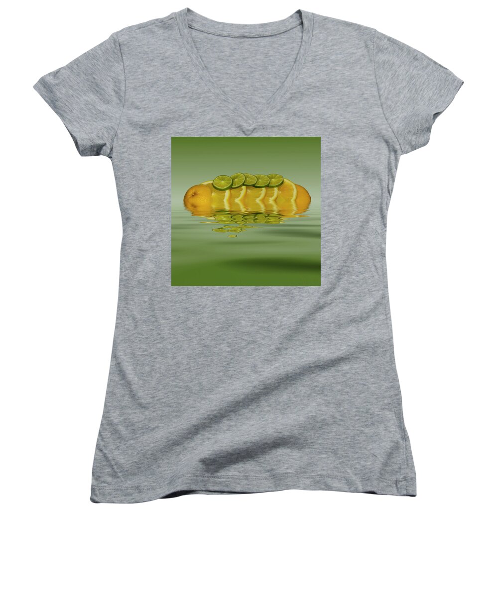 Fresh Fruit Women's V-Neck featuring the photograph Slices Orange Lime Citrus Fruit by David French