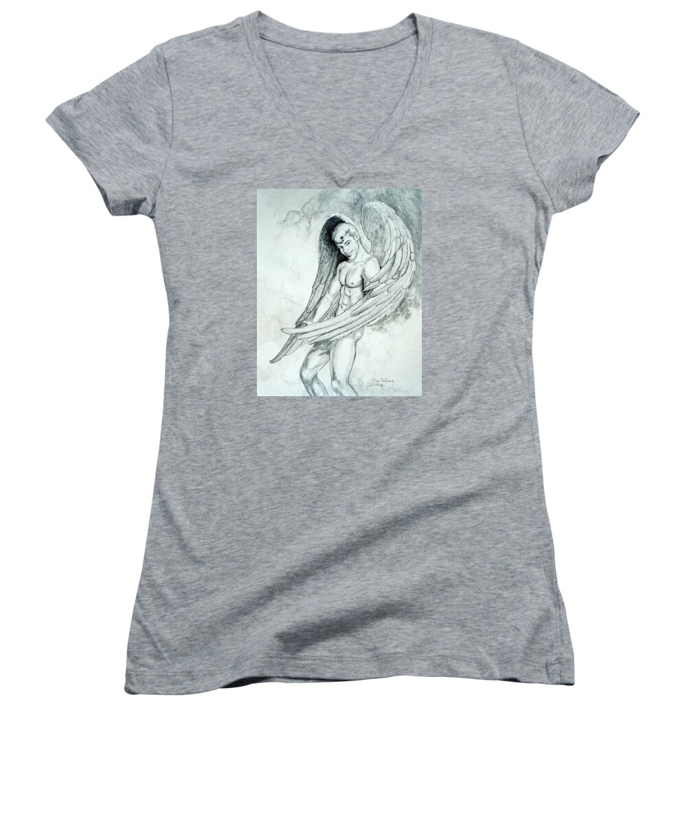 Angel Women's V-Neck featuring the painting Smiling Angel by Marc DeBauch