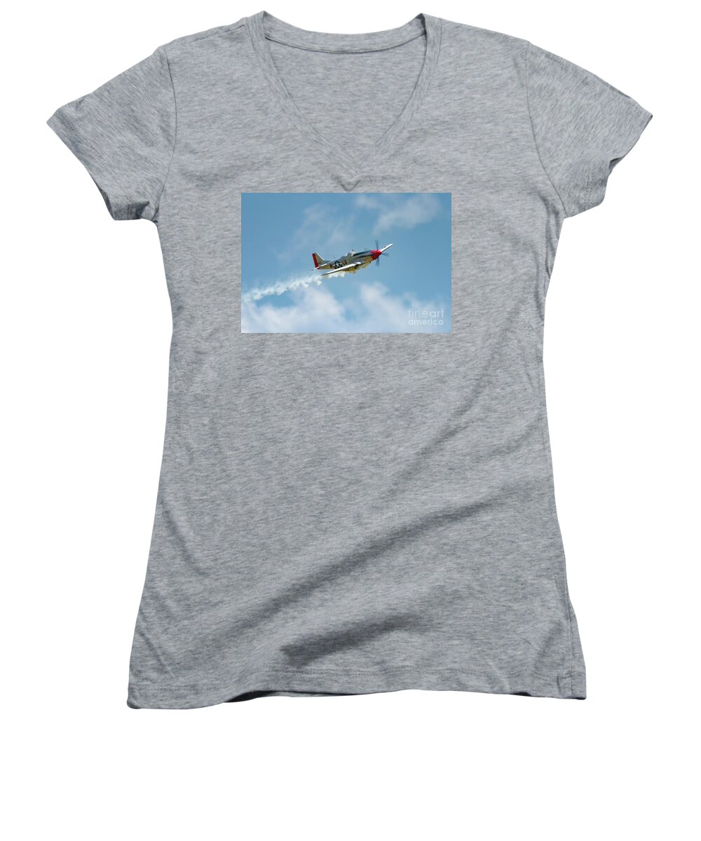 P51 Women's V-Neck featuring the photograph Smokin 51 Color by Gulf Coast Aerials -