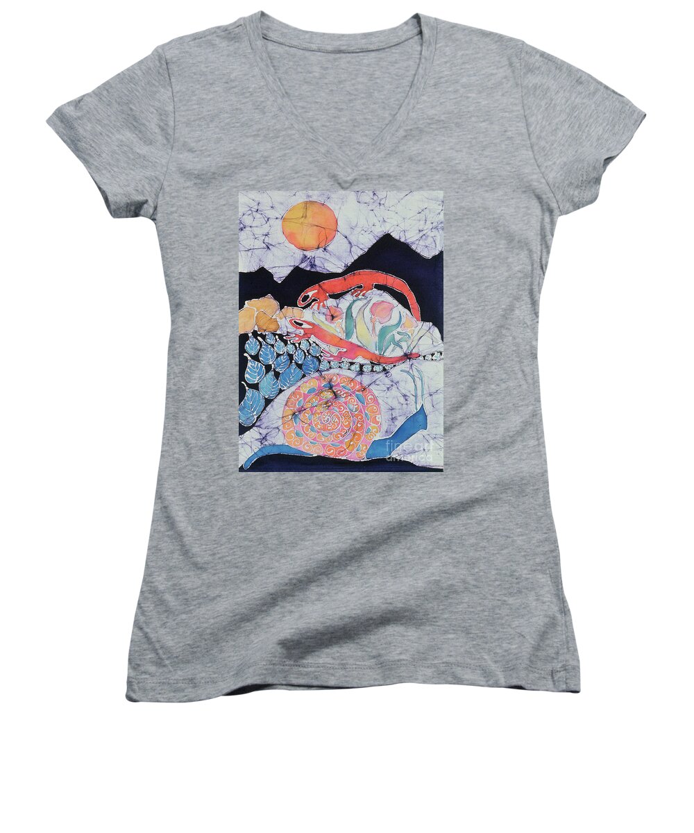 Snail Women's V-Neck featuring the tapestry - textile Snail with Red Efts by Carol Law Conklin