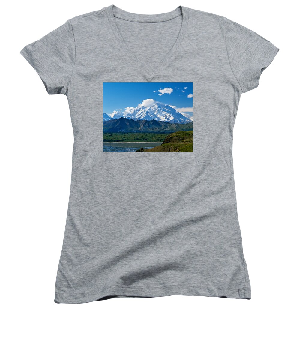 Photography Women's V-Neck featuring the photograph Snow-covered Mount Mckinley, Blue Sky by Panoramic Images