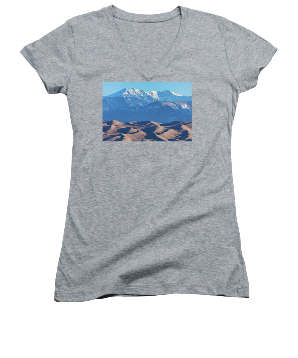 Colorado Women's V-Neck featuring the photograph Snow Covered Rocky Mountain Peaks with Sand Dunes by James BO Insogna