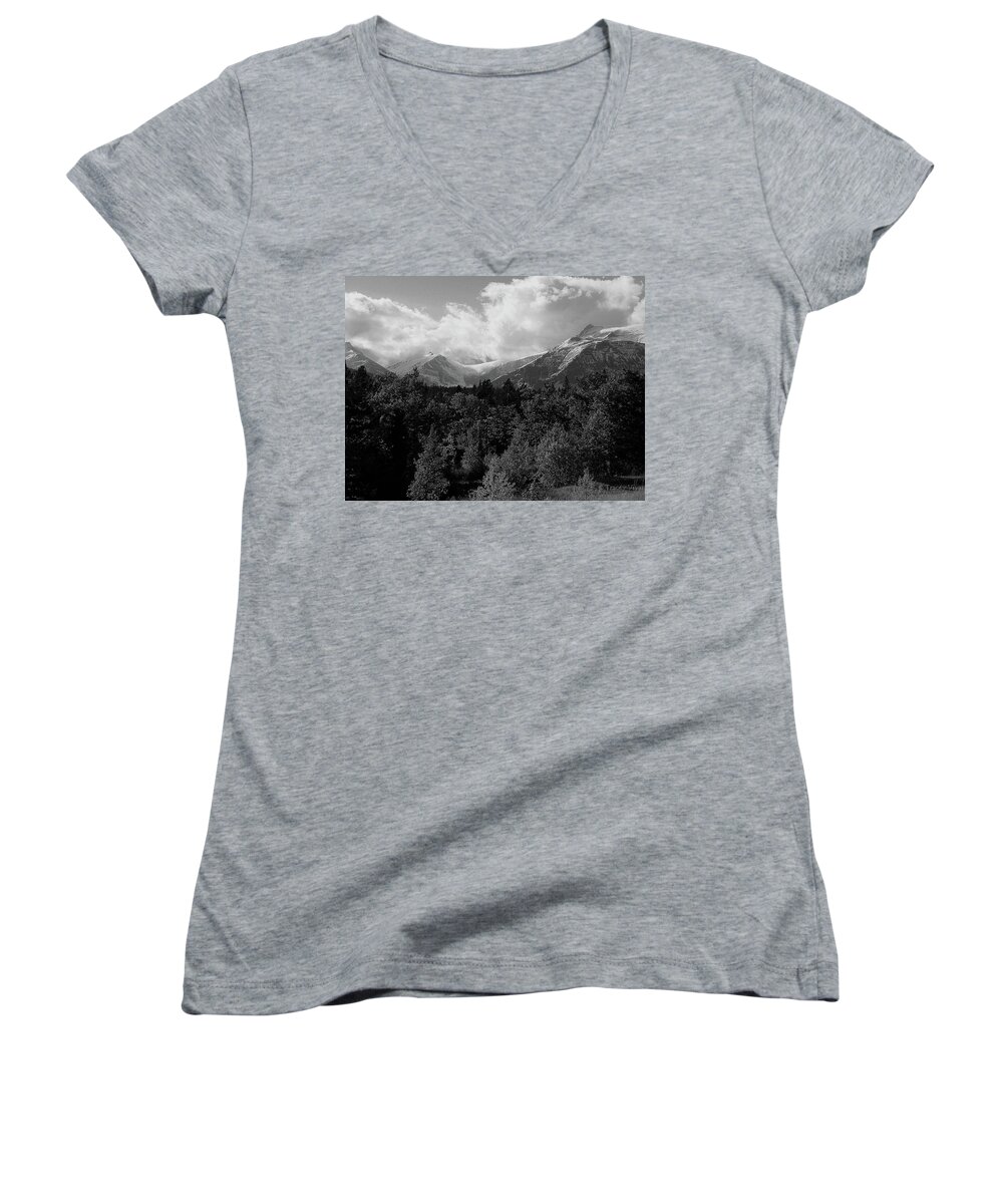 Black & White Women's V-Neck featuring the photograph Snow on the Mountains by Tracey Vivar