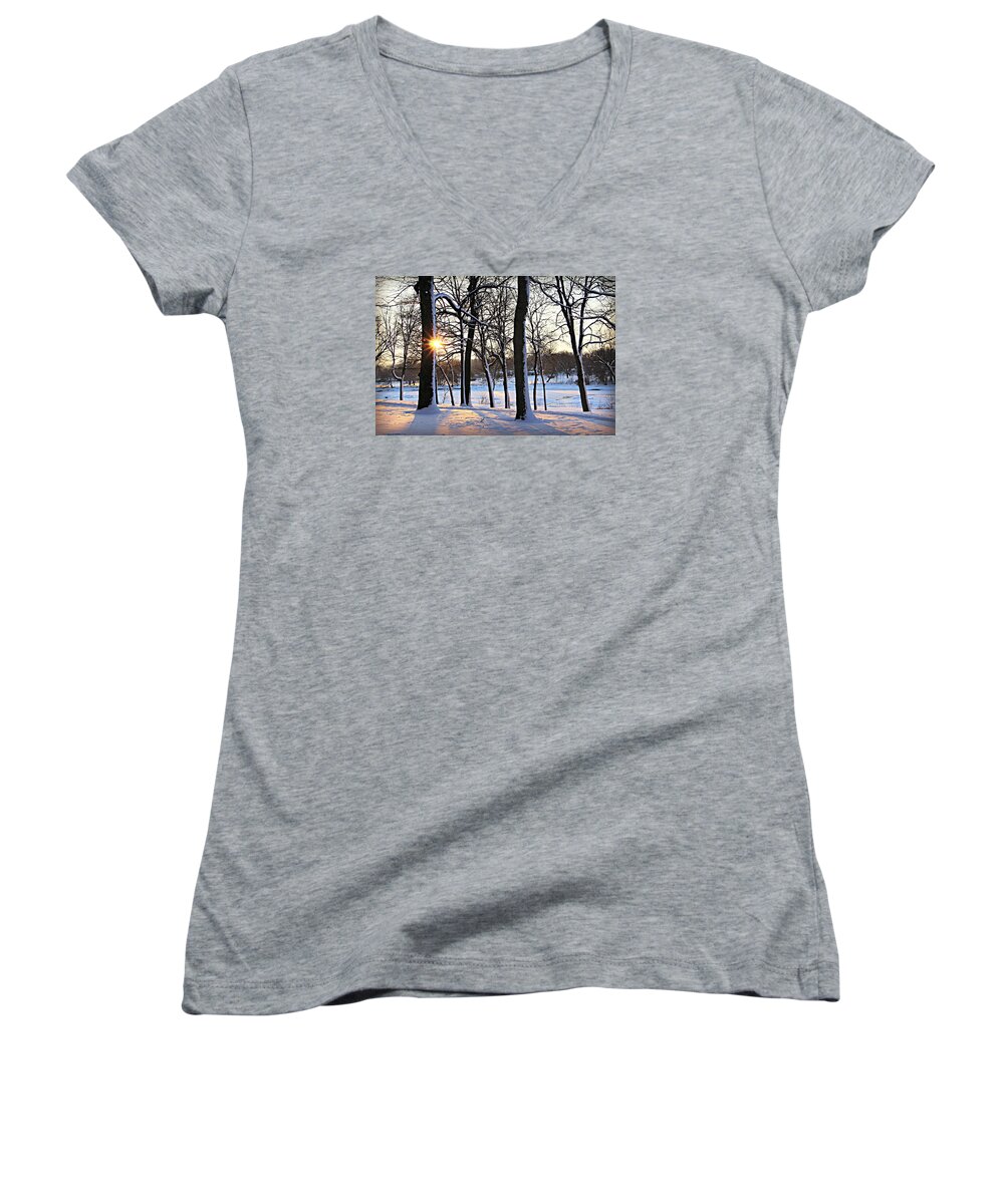 Snow Starred Grove Women's V-Neck featuring the photograph Snow Starred Grove by Kathy M Krause