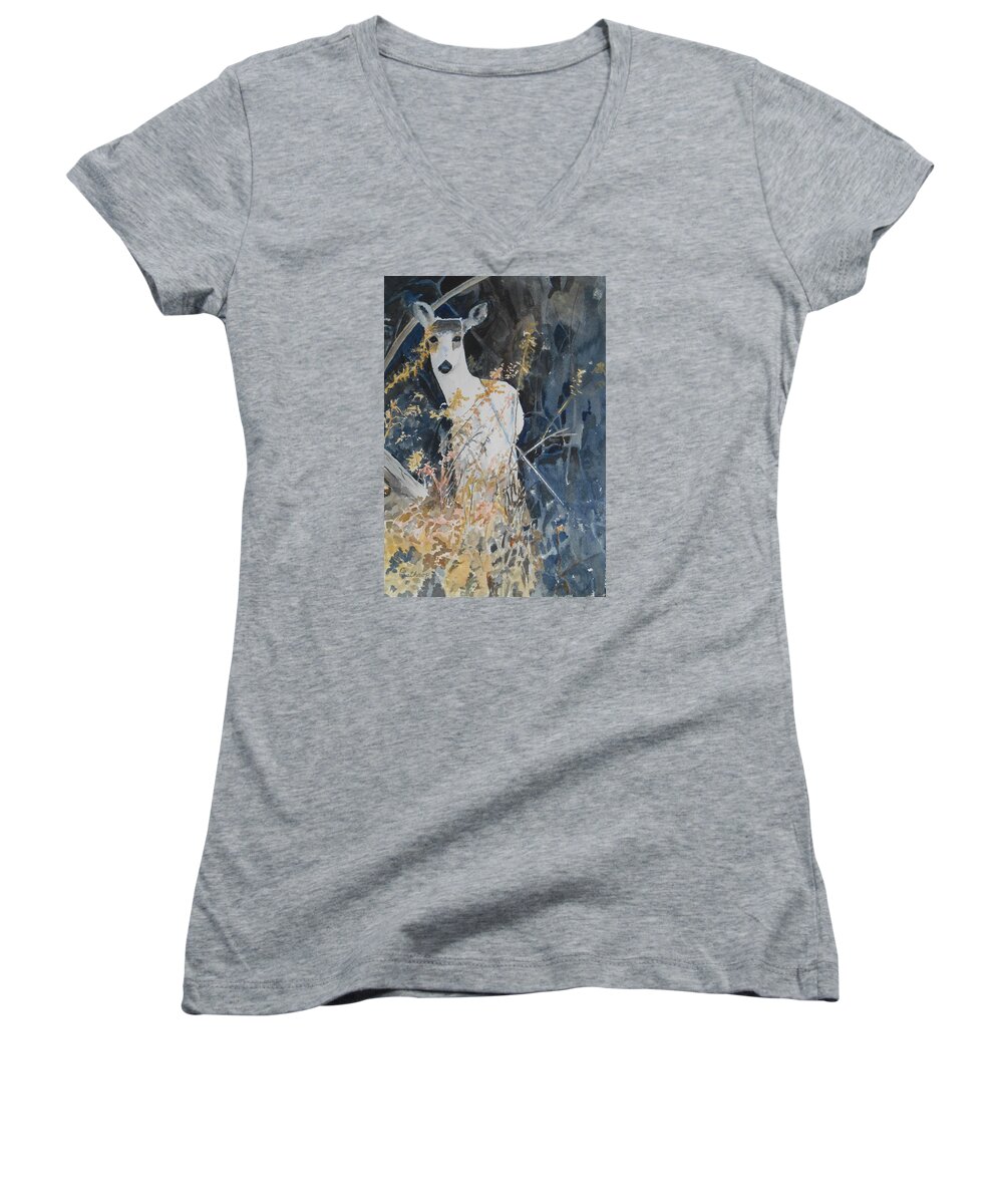 Deer Women's V-Neck featuring the painting Snow White by Christine Lathrop