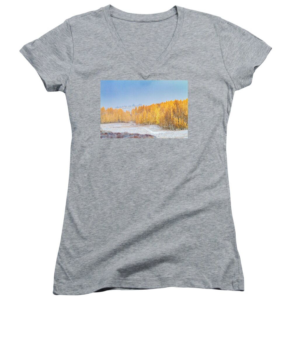 Aspen Trees Women's V-Neck featuring the photograph Snowy Fall Morning in Colorado Mountains by Teri Virbickis