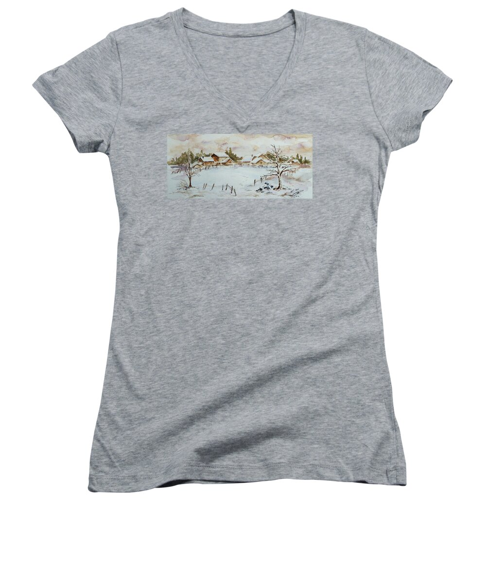 Winter Women's V-Neck featuring the painting Snowy Village by Xueling Zou
