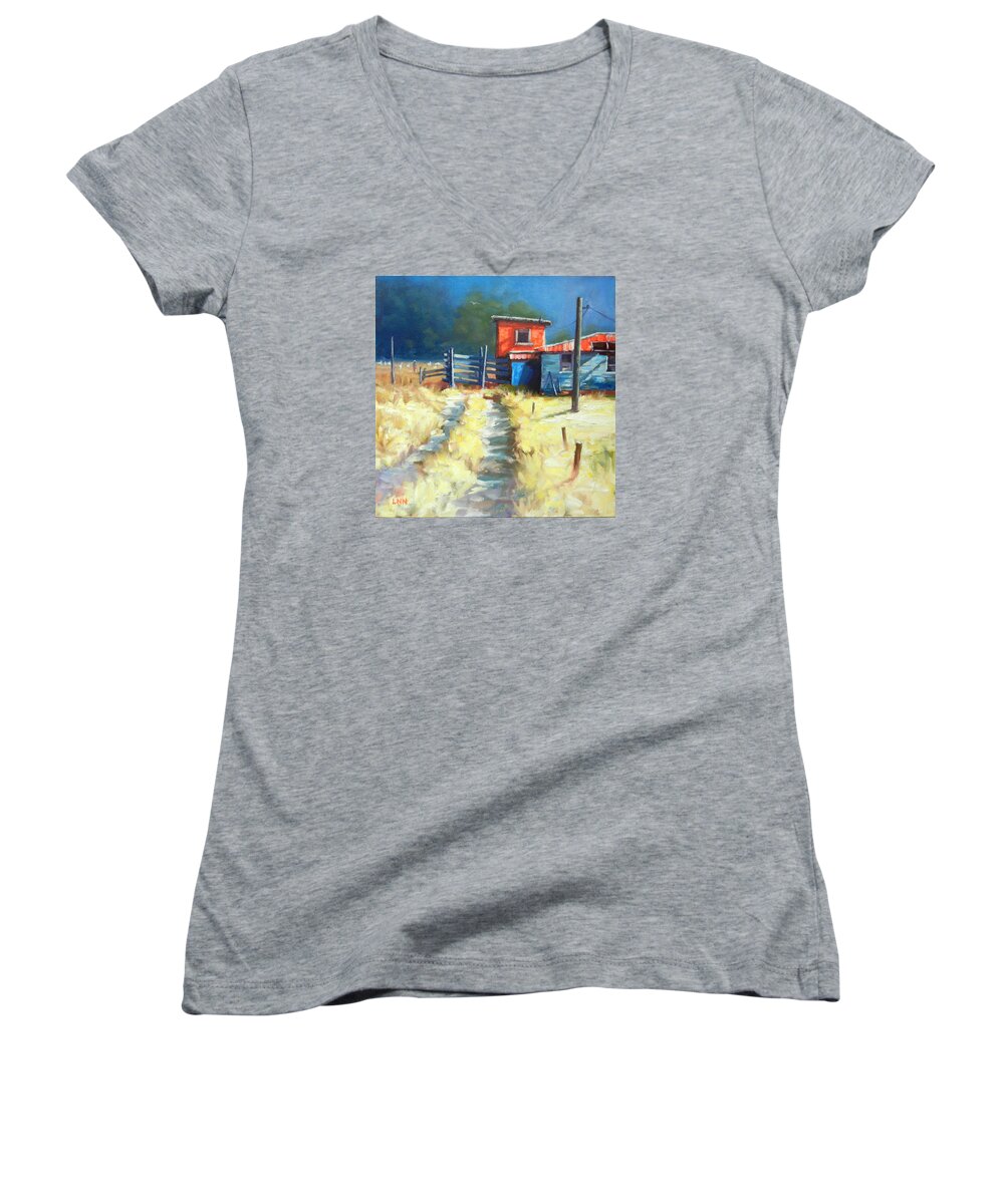 Landscape Women's V-Neck featuring the painting Somewhere Far Away, Peru Impression by Ningning Li