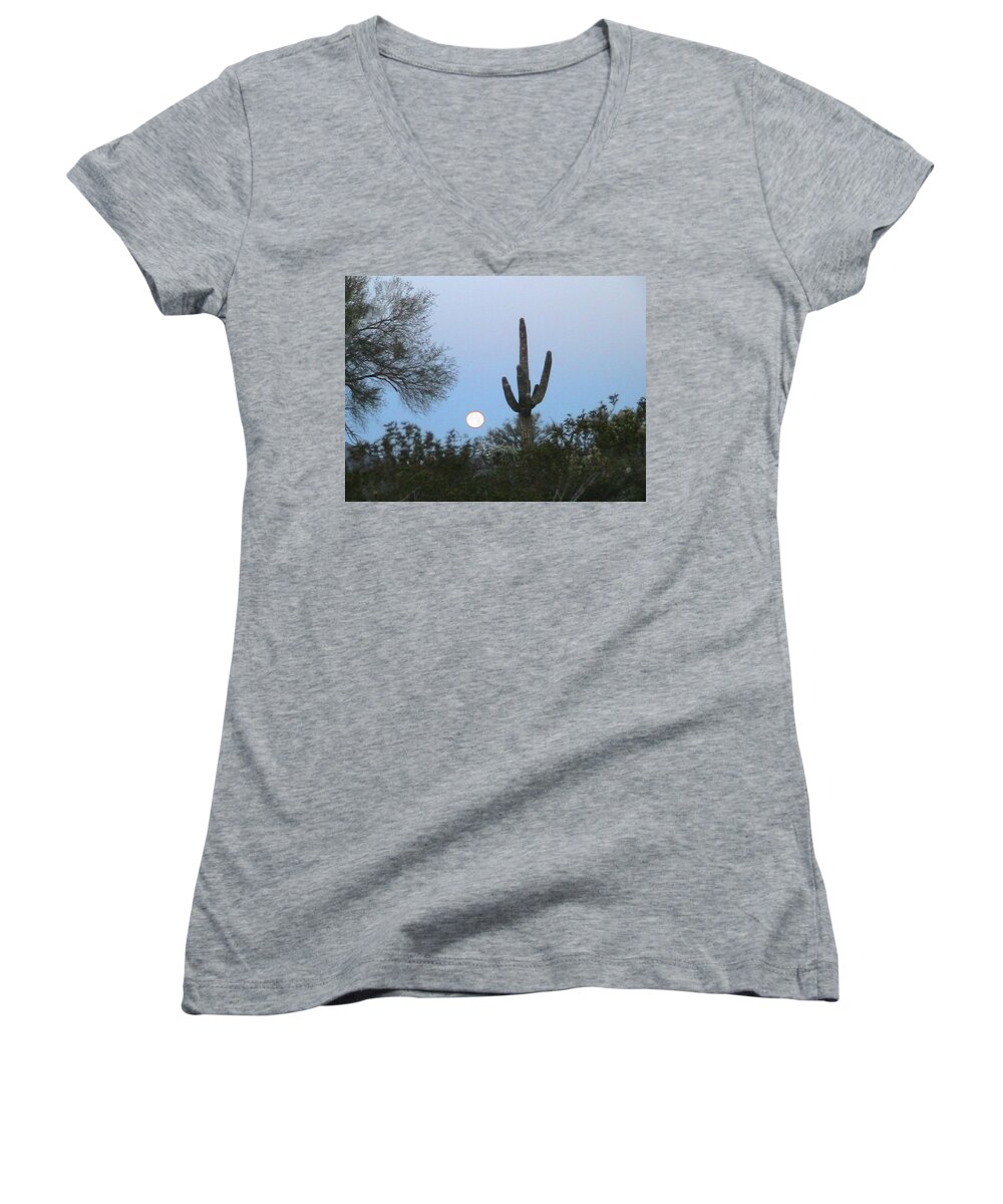 Moon Women's V-Neck featuring the photograph Sonoran Desert Moonset by Judy Kennedy