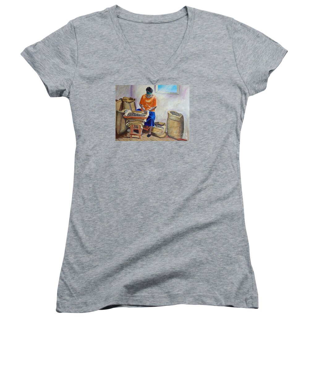 Sorting Nutmegs Women's V-Neck featuring the painting Sorting Nutmegs by Laura Forde