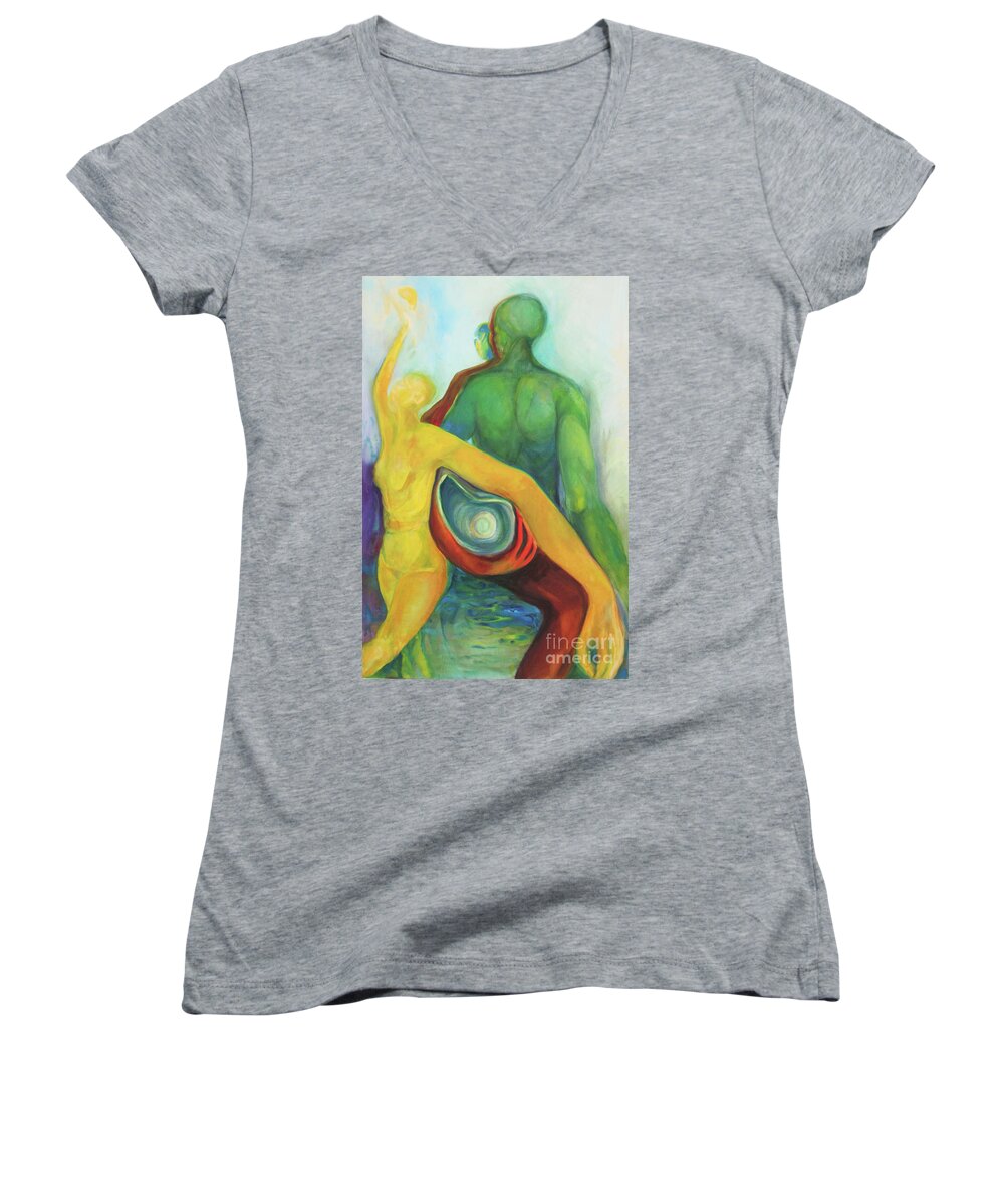 Oil Painting Women's V-Neck featuring the painting Source Keepers by Daun Soden-Greene