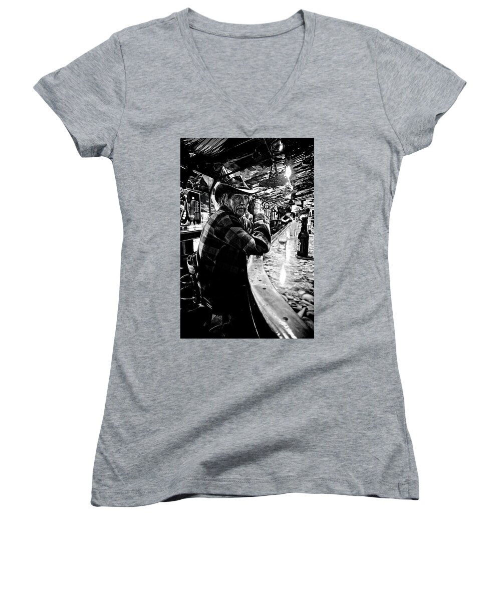 Black And White Photograph Portrait Of Dude Drinking Whiskey And Beer In A Dive Bar Women's V-Neck featuring the photograph Southern Dude by Joan Reese
