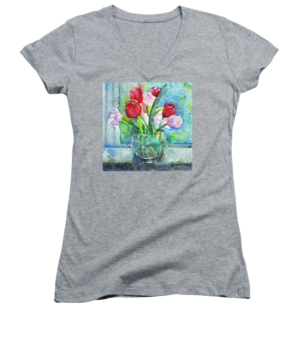Sparkling Spring Women's V-Neck featuring the painting Sparkling Spring by Jasna Dragun