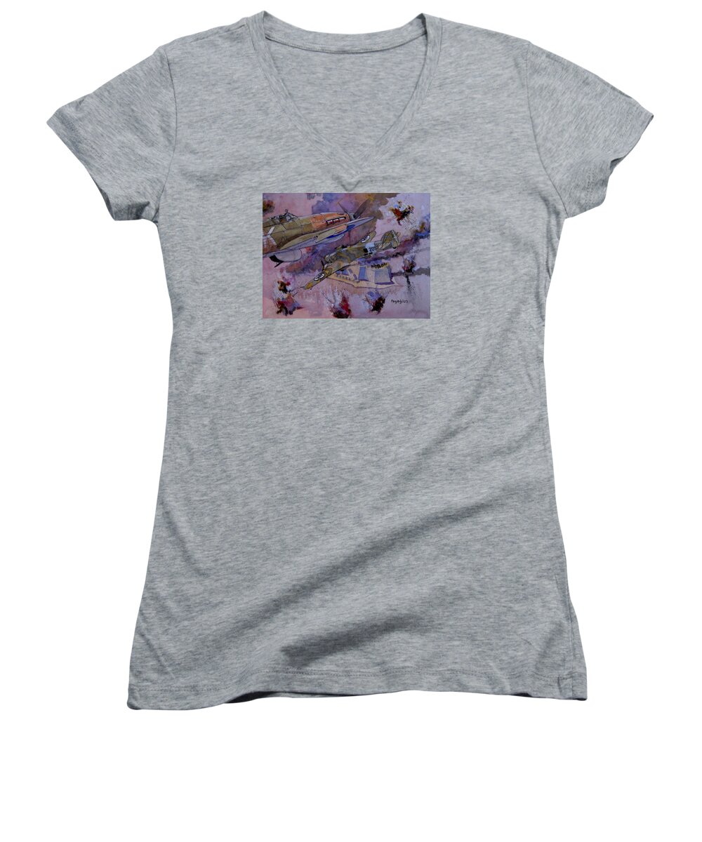 Savoia Marchetti. Sm79 Women's V-Neck featuring the painting Sparrow Hawk by Ray Agius