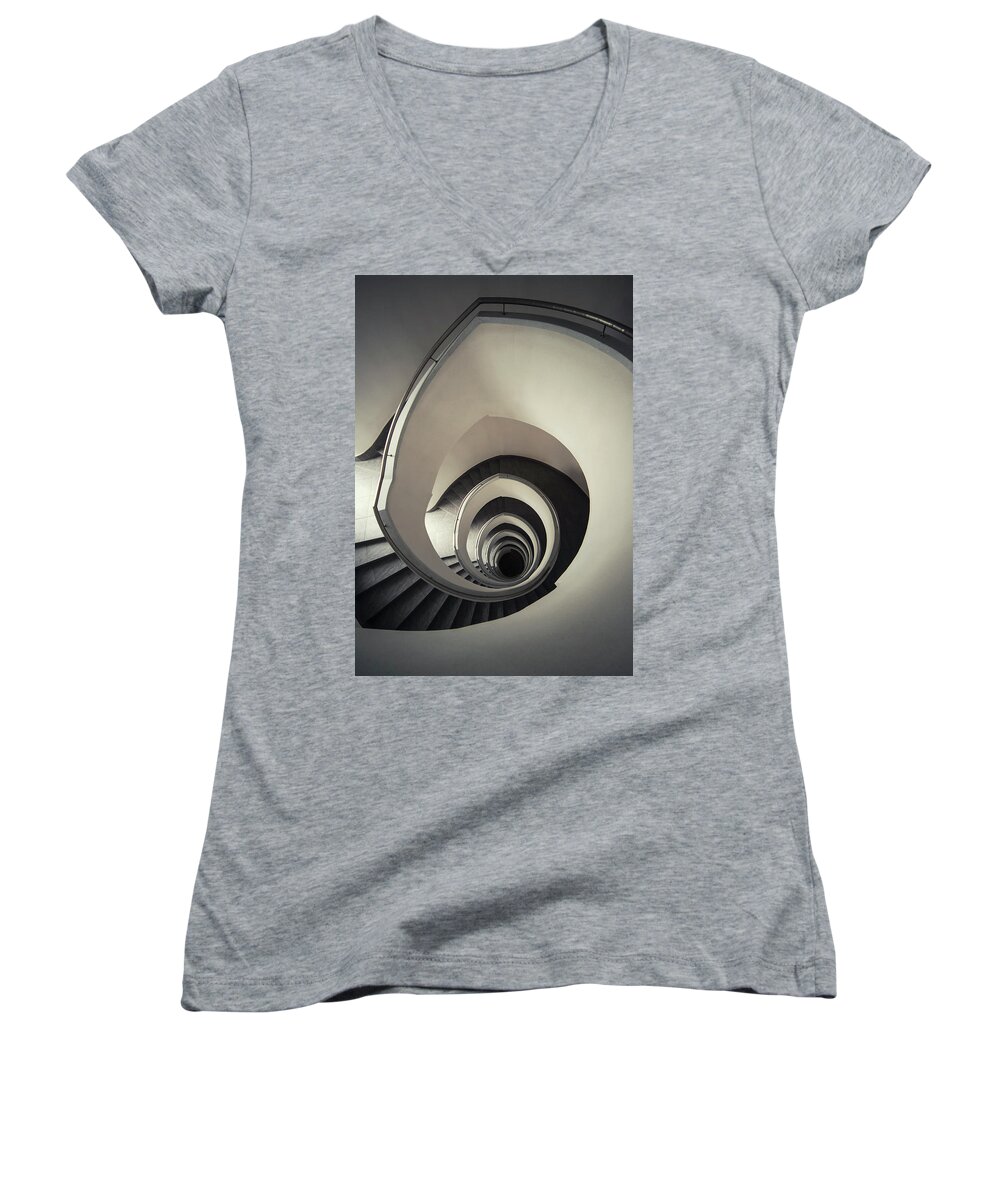 Spiral Staircase Women's V-Neck featuring the photograph Spiral staircase in beige tones by Jaroslaw Blaminsky