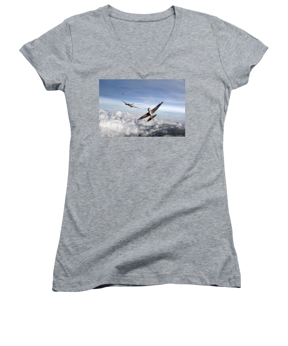 Spitfire Women's V-Neck featuring the photograph Spitfire attacking Heinkel bomber by Gary Eason