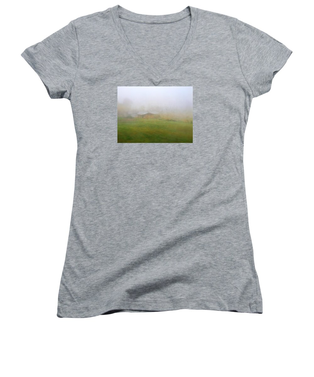 Photography Women's V-Neck featuring the photograph Spring Barn in Fog by Melissa D Johnston
