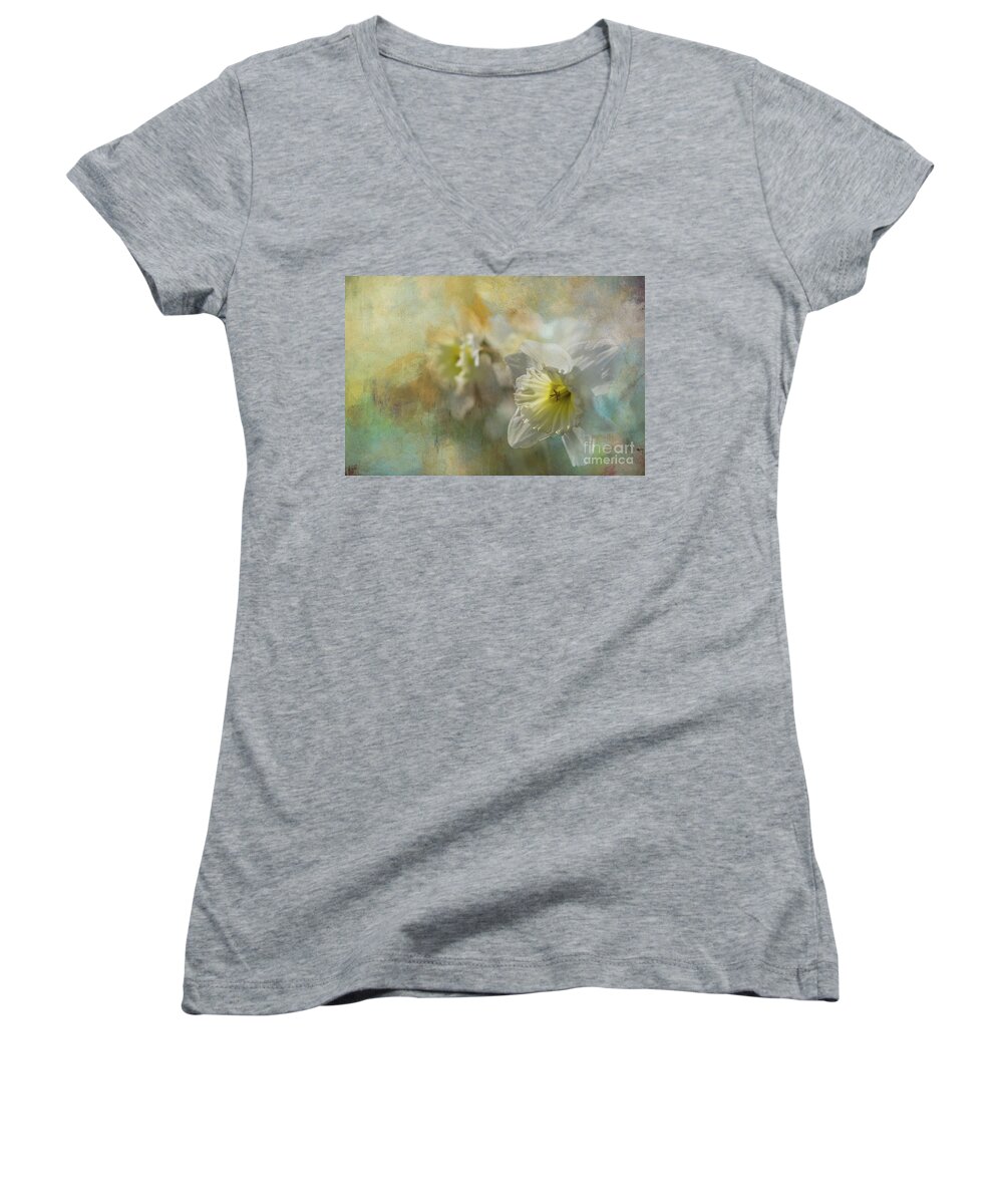 Daffodils Women's V-Neck featuring the photograph Spring Daffodils by Eva Lechner