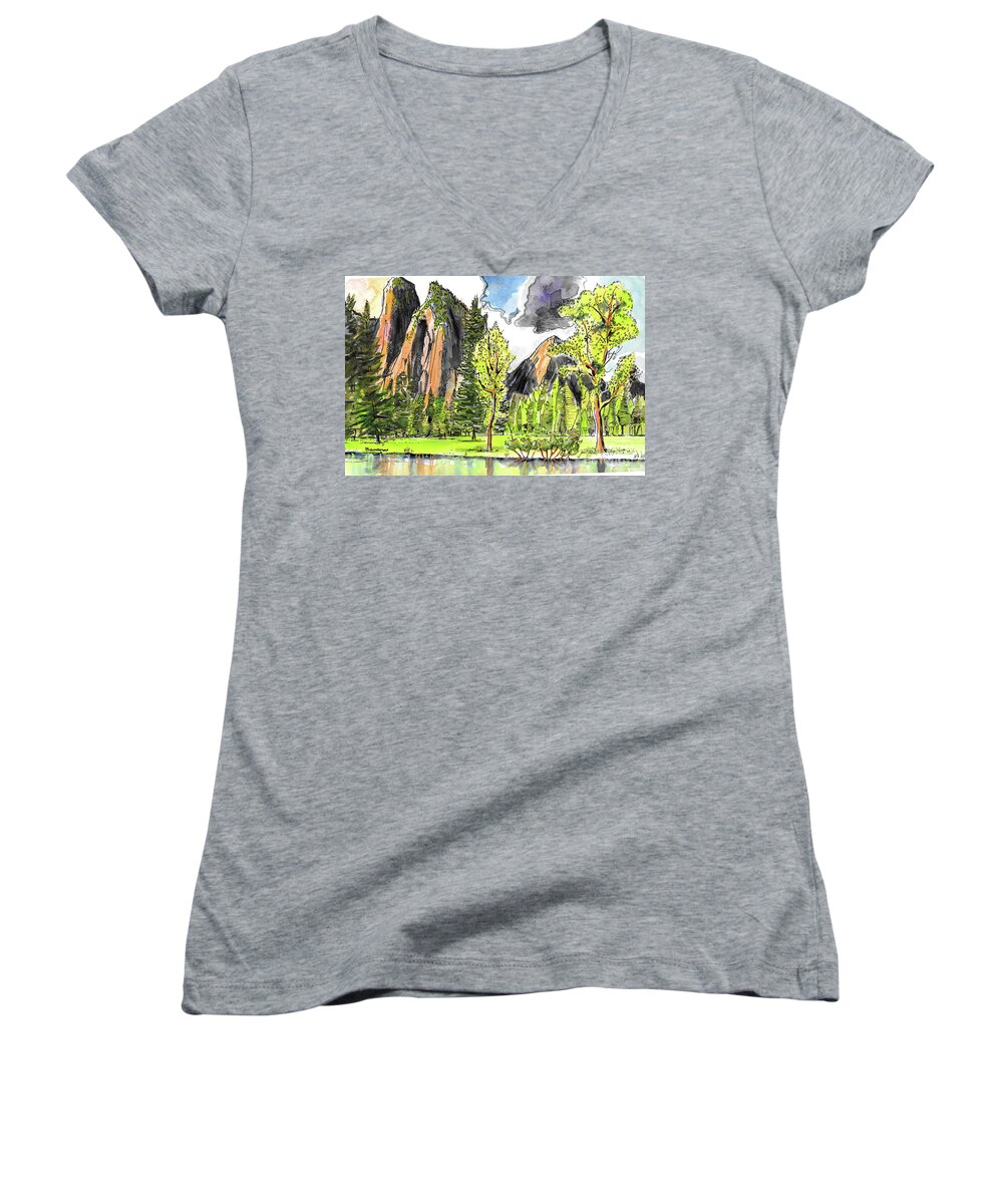 Yosemite Women's V-Neck featuring the painting Spring In Yosemite by Terry Banderas