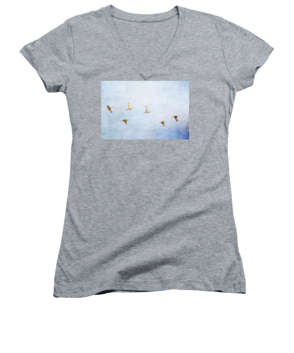 Sandhill Crane Women's V-Neck featuring the photograph Spring Migration 3 - Textured by Kathy Adams Clark