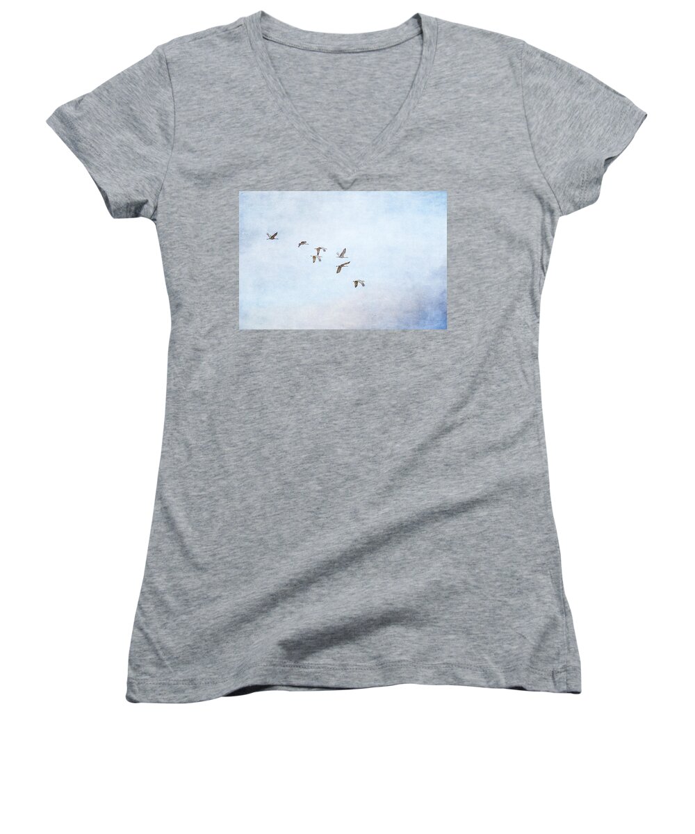 Sandhill Crane Women's V-Neck featuring the photograph Spring Migration - Textured by Kathy Adams Clark