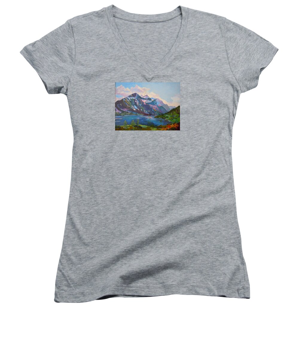 Landscape Women's V-Neck featuring the painting St. Marys Lake Glacier National Park by Francine Frank