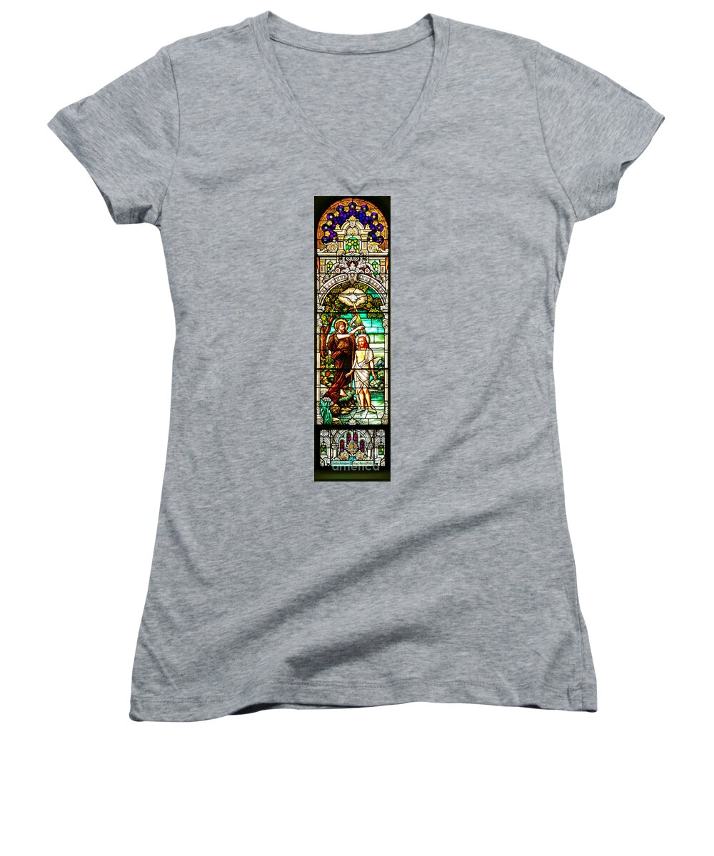 Cathedral Of The Plains Women's V-Neck featuring the photograph Stained Glass Scene 2 by Adam Jewell