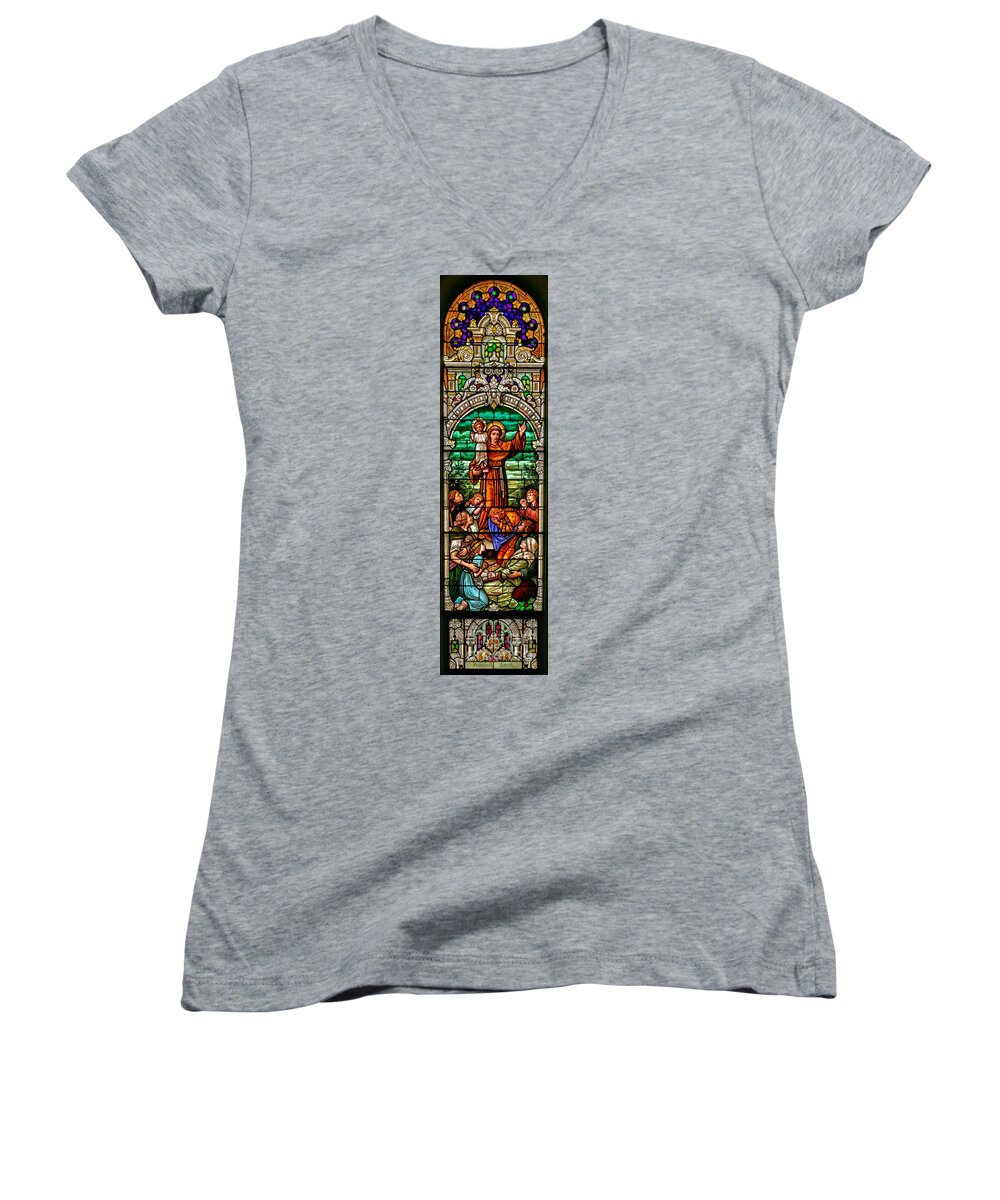Cathedral Of The Plains Women's V-Neck featuring the photograph Stained Glass Scene 6 Full Size by Adam Jewell