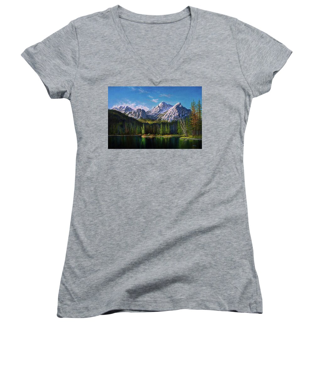 Stanley Women's V-Neck featuring the painting Stanley Lake Reflections by Chris Steele