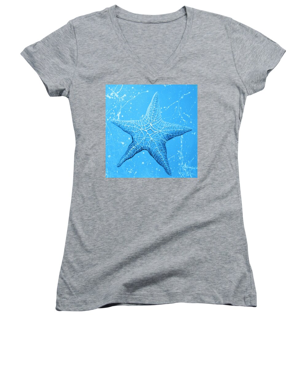 Starfish Women's V-Neck featuring the painting Starfish in Blue by William Love